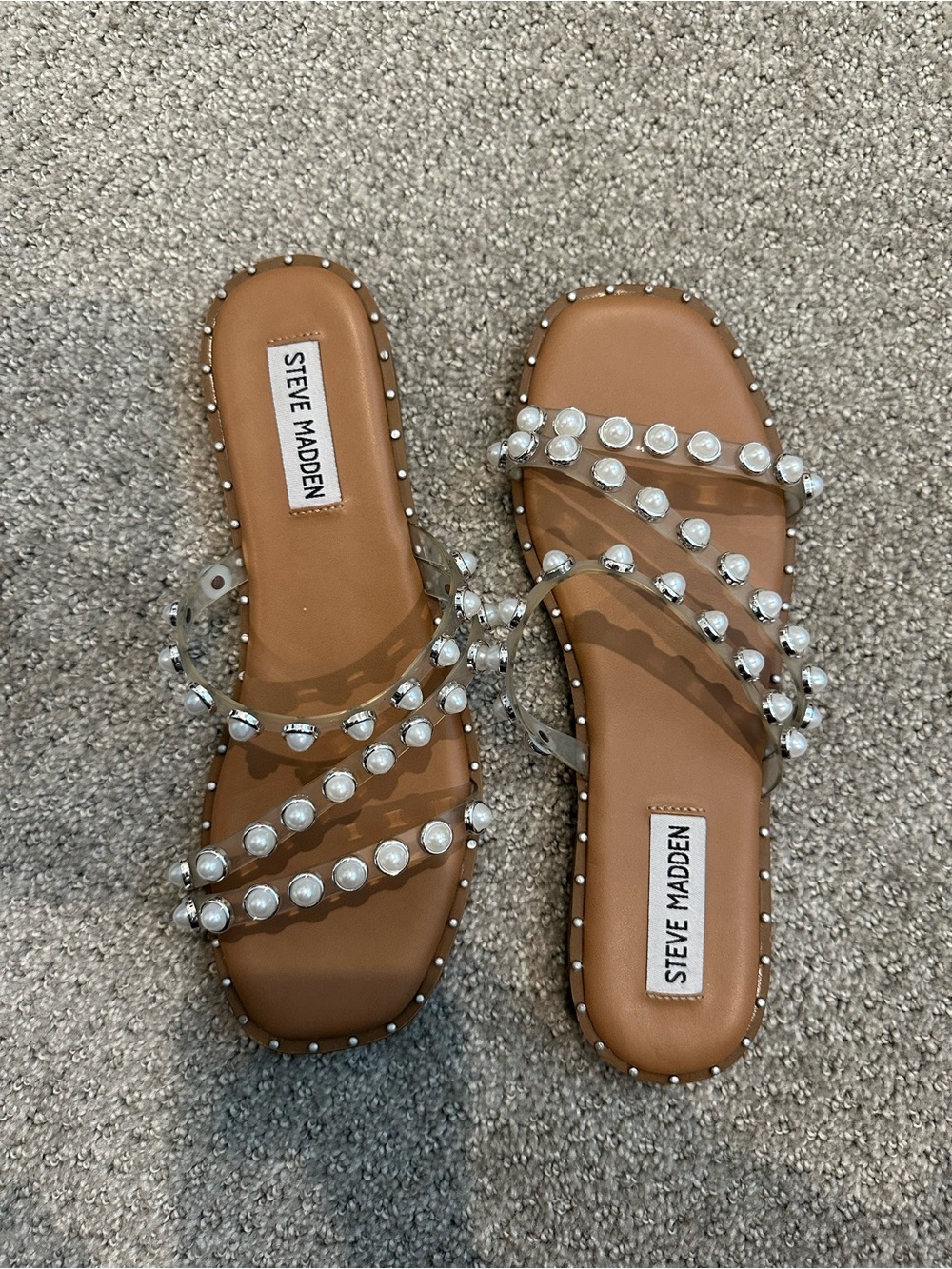 Steve Madden Tan Pearl-Embellished Clear Strap Sandals